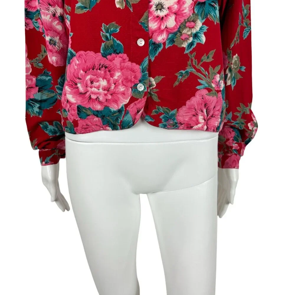 Vintage 90s Floral Blouse Women's Medium Red Pink Print Rayon Necktie Top - Picture 4 of 11